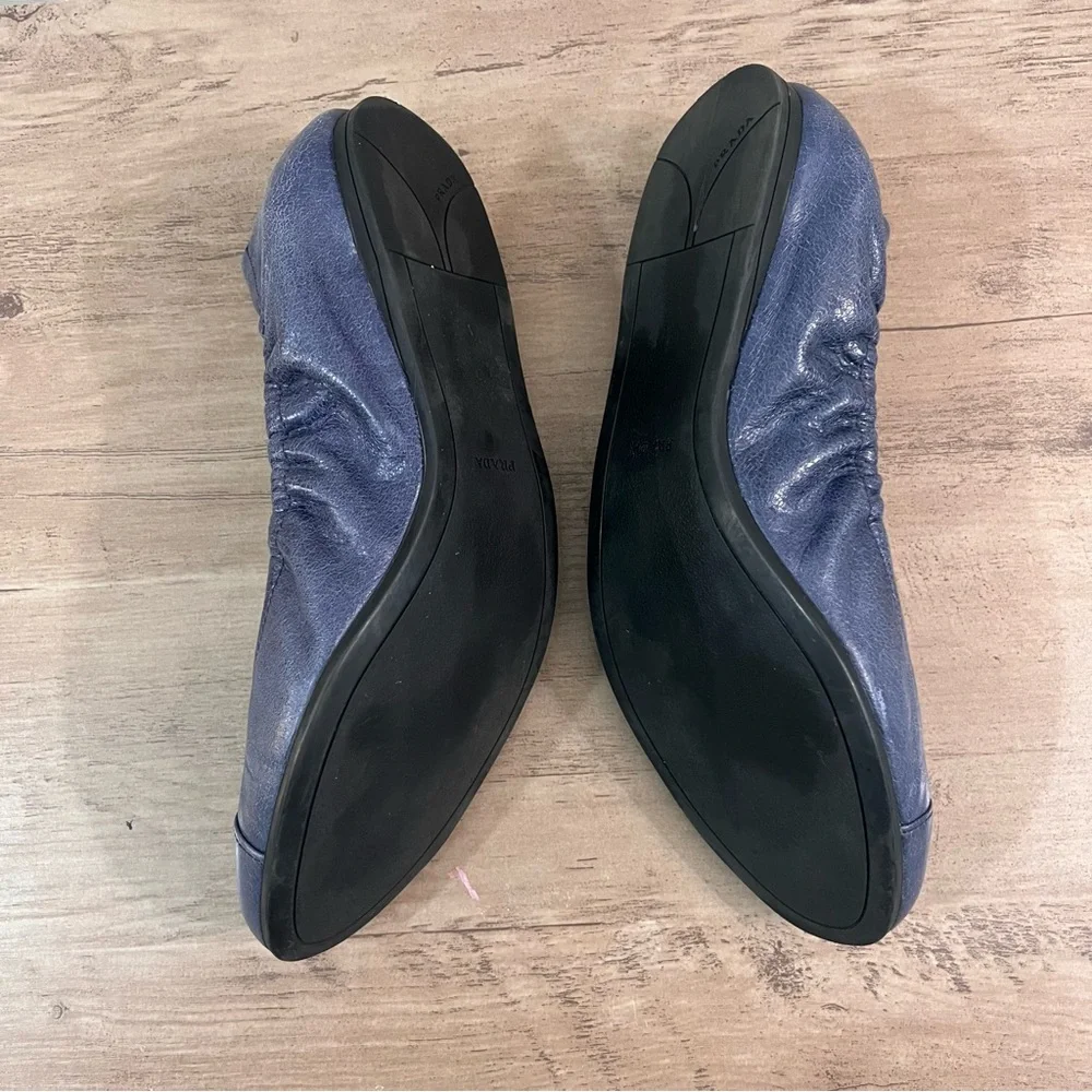 Prada Leather Scrunch Ballet Flats 9.5 Navy Blue 39.5 Made In Italy - Picture 2 of 9